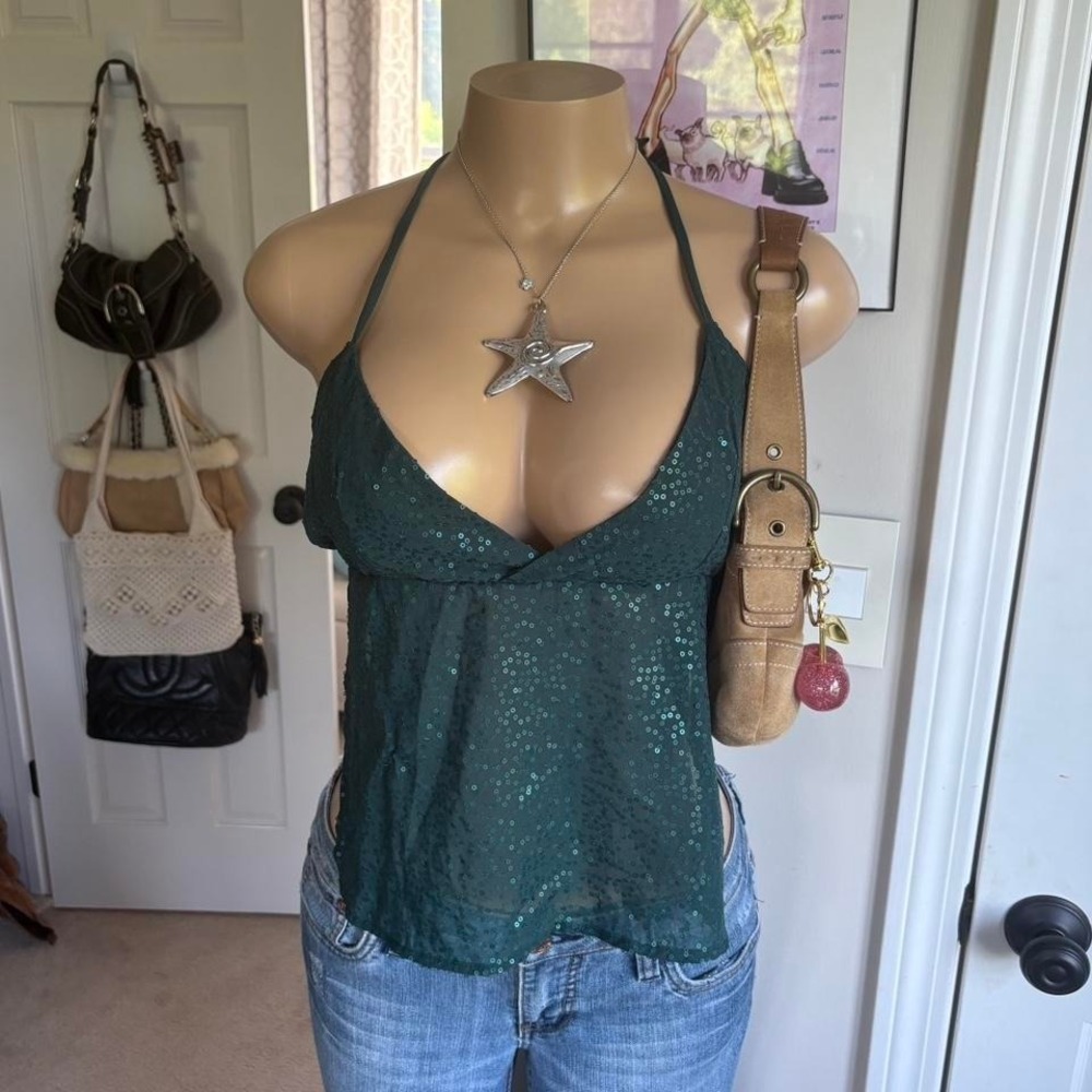 y2k 2000s mcbling green sequin halter open back top